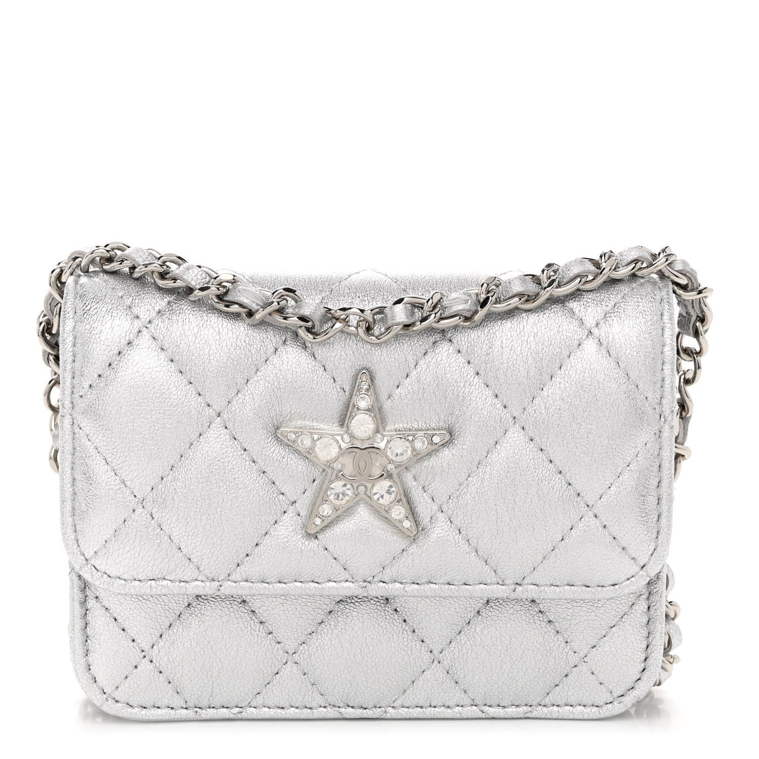 Chanel Metallic Goatskin Quilted Crystal CC Walk Of Fame Clutch With Chain Silver 1 of 13