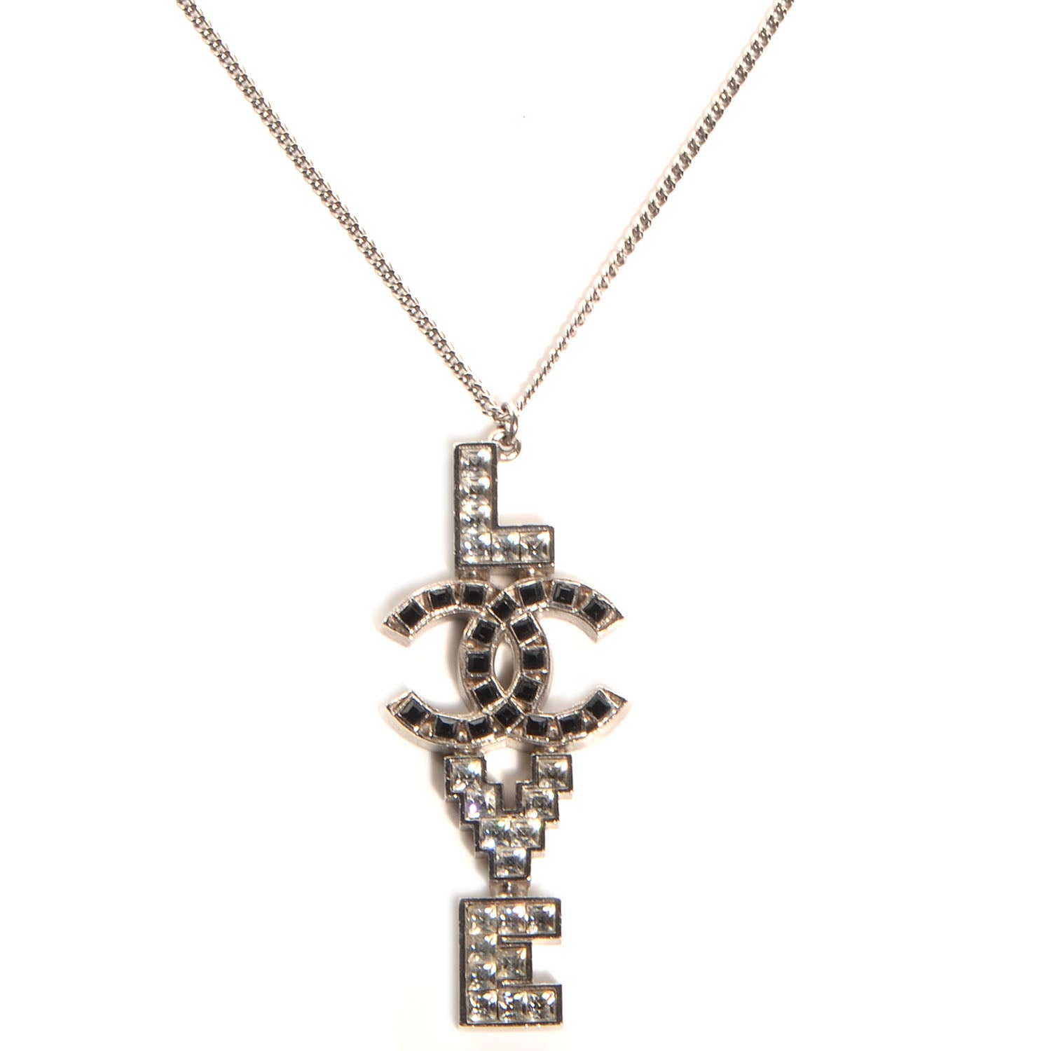 Chanel Crystal Love CC Pendant Necklace Silver Black 1 of 6