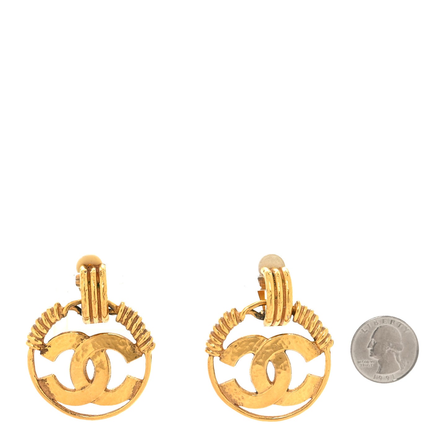 Metal Round CC Drop Clip On Earrings Gold