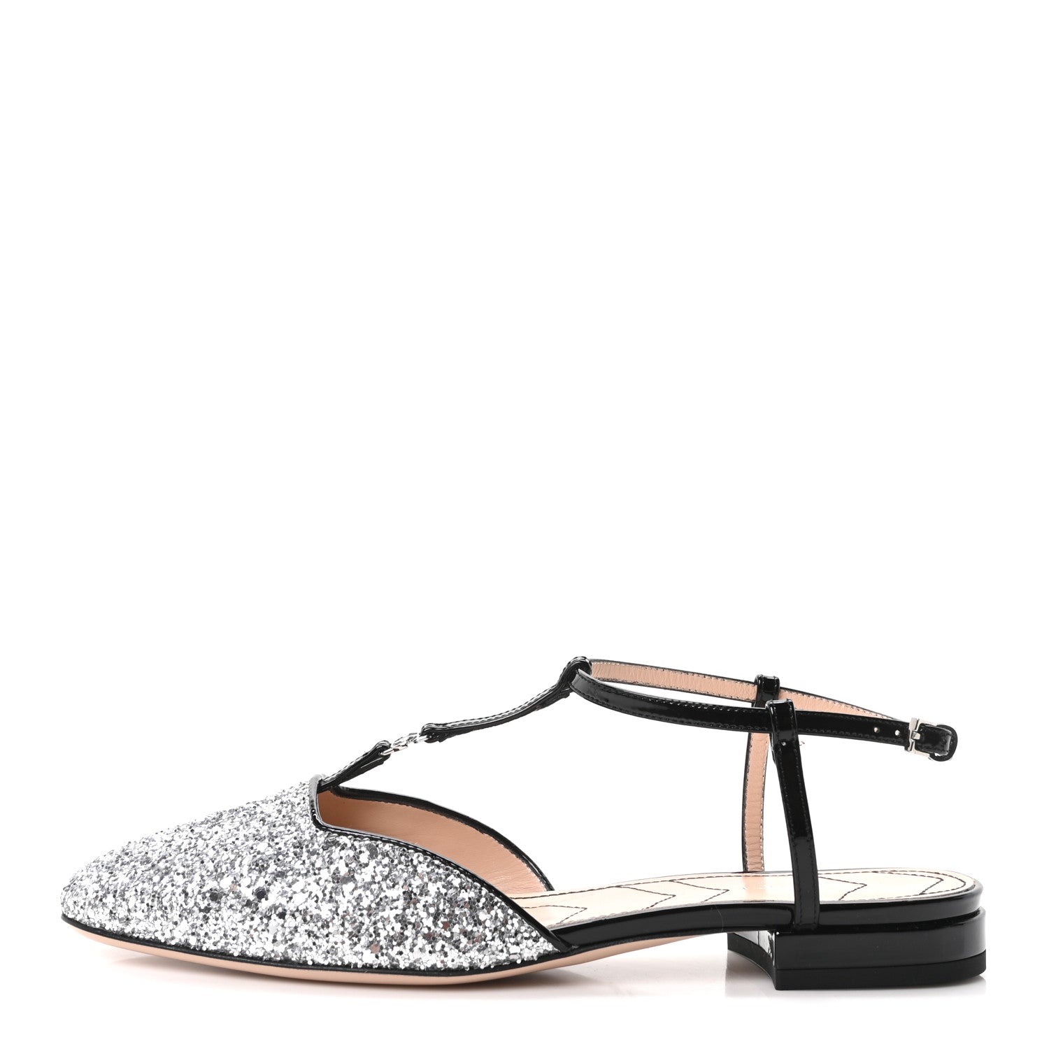 Gucci Calfskin Glitter Double G Slingback Flats 37 Silver Black 1 of 9