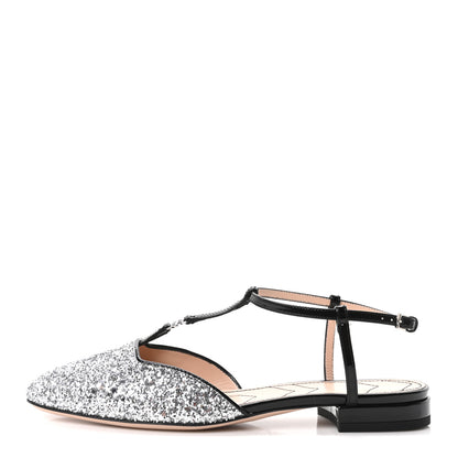Gucci Calfskin Glitter Double G Slingback Flats 37 Silver Black 1 of 9