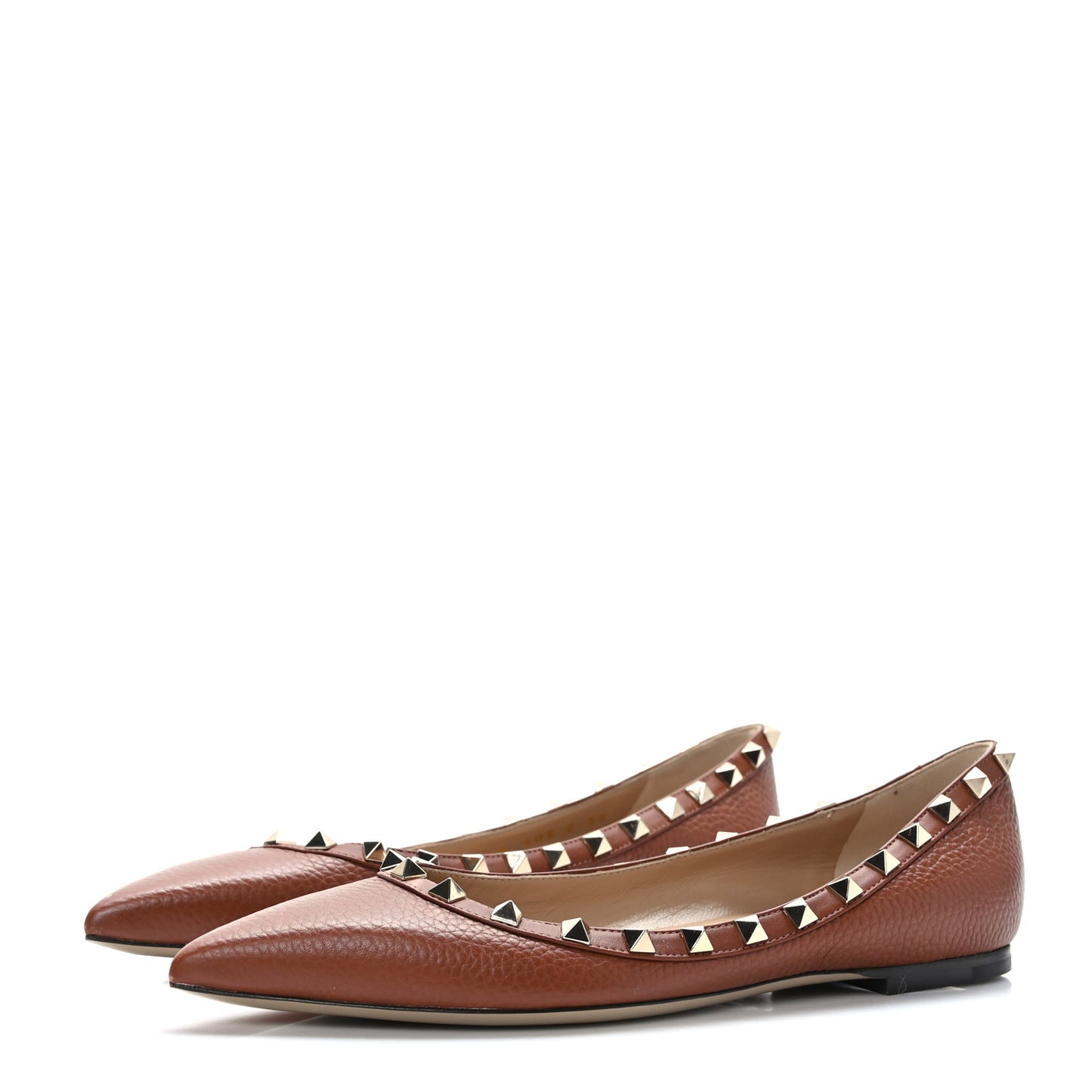 Pebbled Calfskin Rockstud Ballerina Flats 38 Bright Cognac