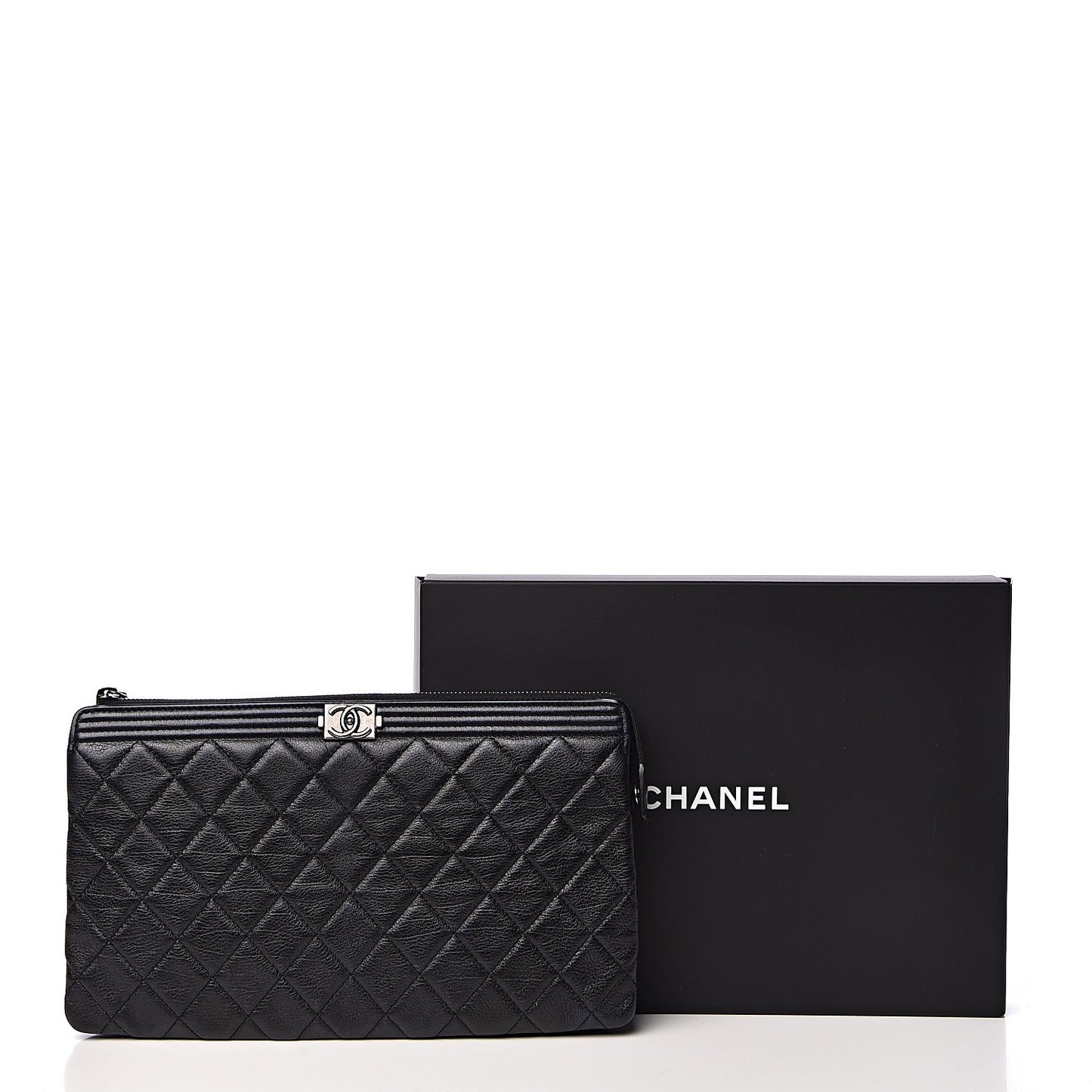 Calfskin Quilted Small Zipped Boy Pouch Black
