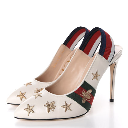 Gucci Malaga Kid Web Bee Star Embroidered Sylvie High Heel Slingback Pumps 39.5 White 3 of 10