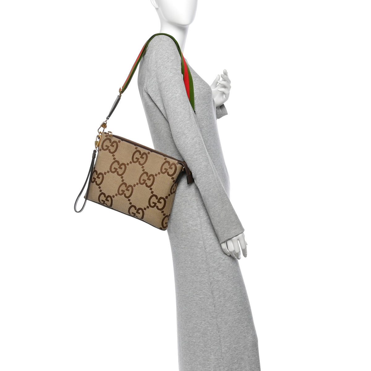 Gucci Monogram Jumbo GG Textured Dollar Calfskin Web Wristlet Messenger Bag Camel Ebony New Acero 2 of 12