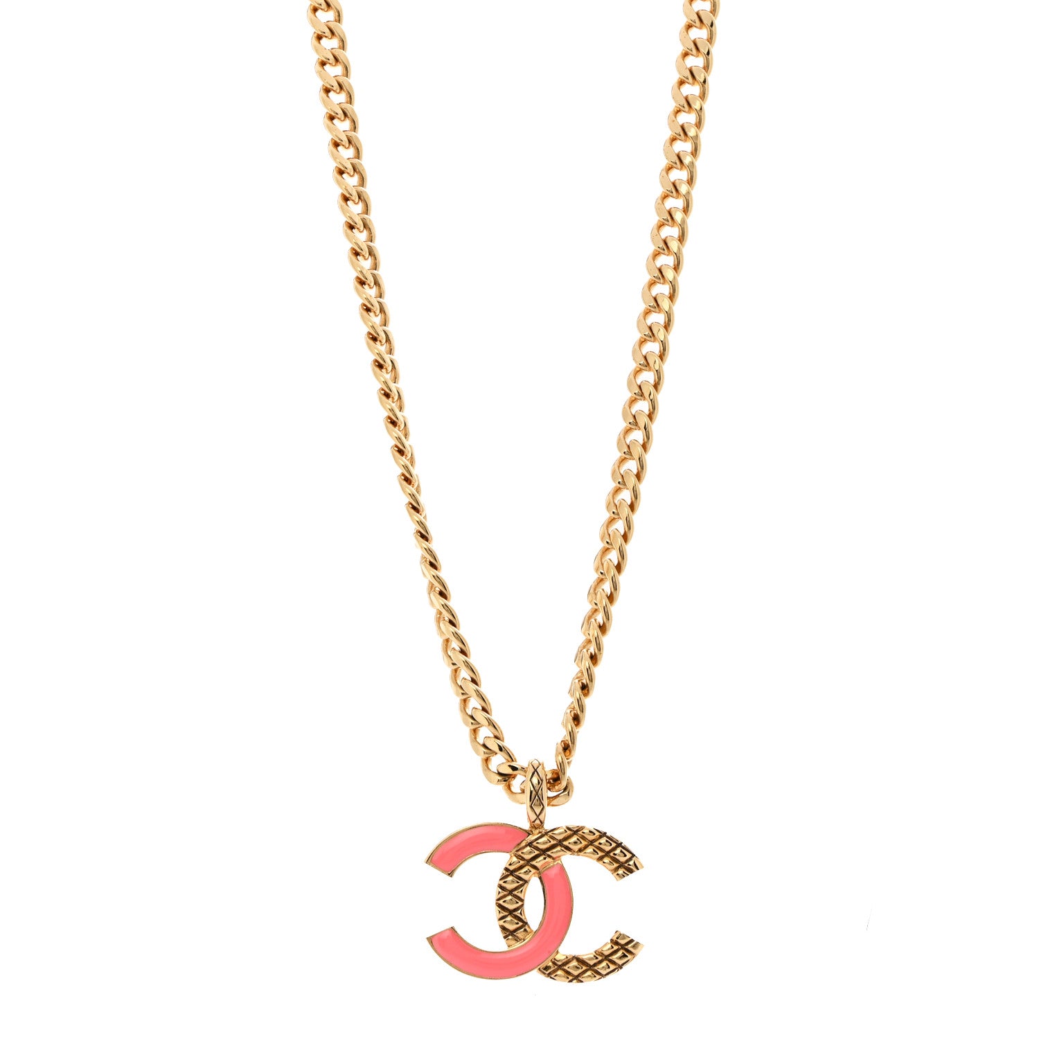 Chanel Metal Enamel Quilted CC Chain Necklace Pendant Gold Pink 1 of 7