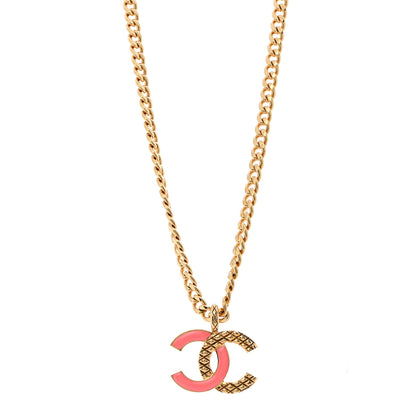Chanel Metal Enamel Quilted CC Chain Necklace Pendant Gold Pink 1 of 7