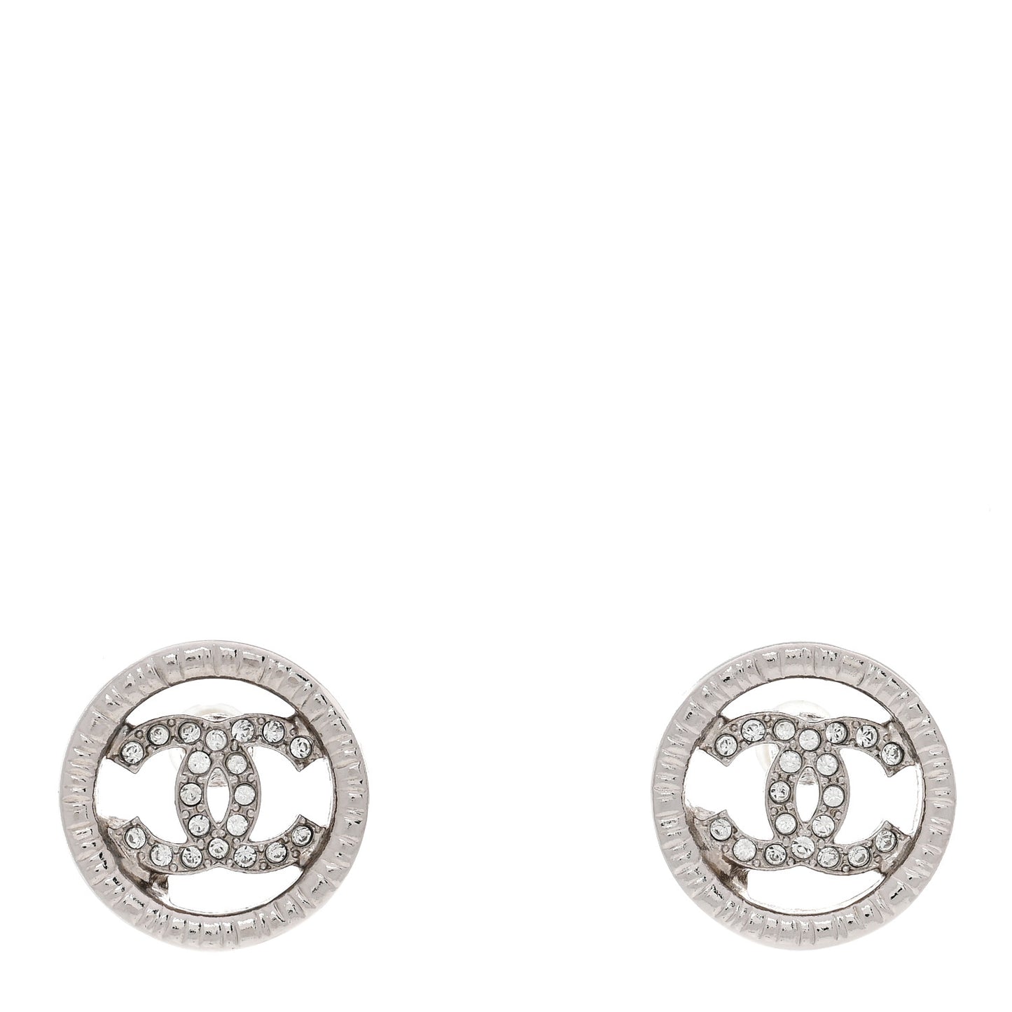 Metal Crystal Textured CC Round Earrings Silver
