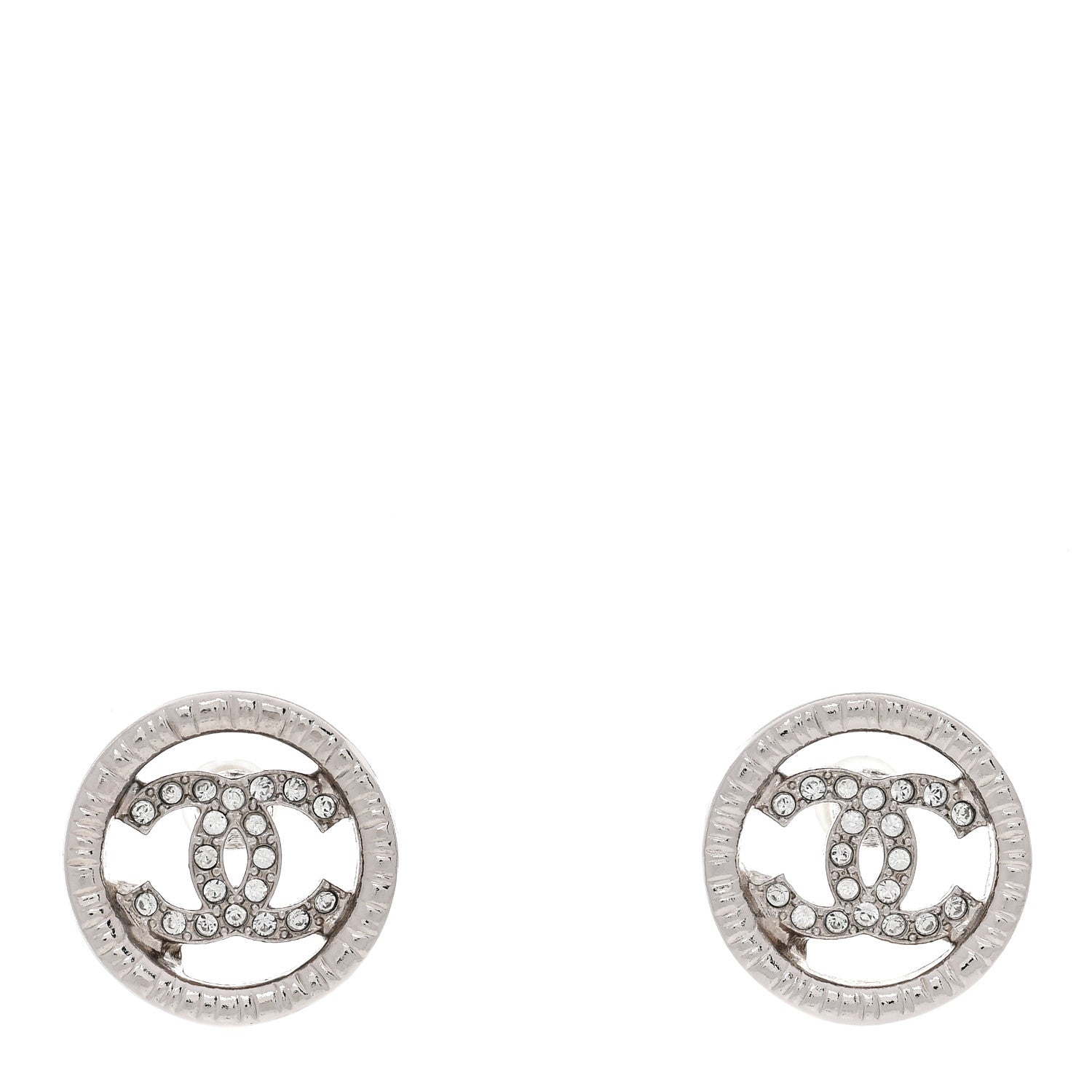 Chanel Metal Crystal Textured CC Round Earrings Silver 1 of 4
