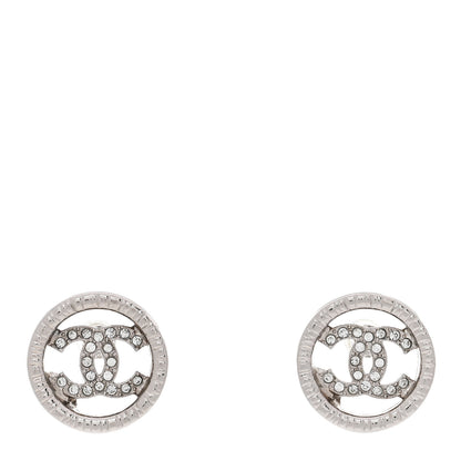 Chanel Metal Crystal Textured CC Round Earrings Silver 1 of 4