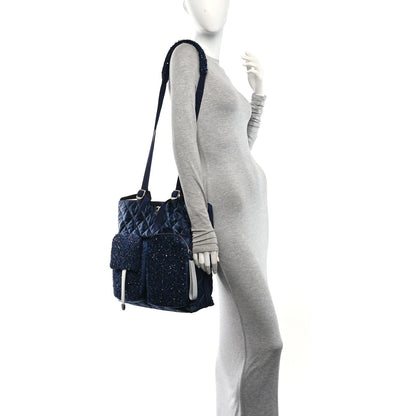 Chanel Tweed Sequin Nylon Quilted Astronaut Large Tote Navy 2 of 10