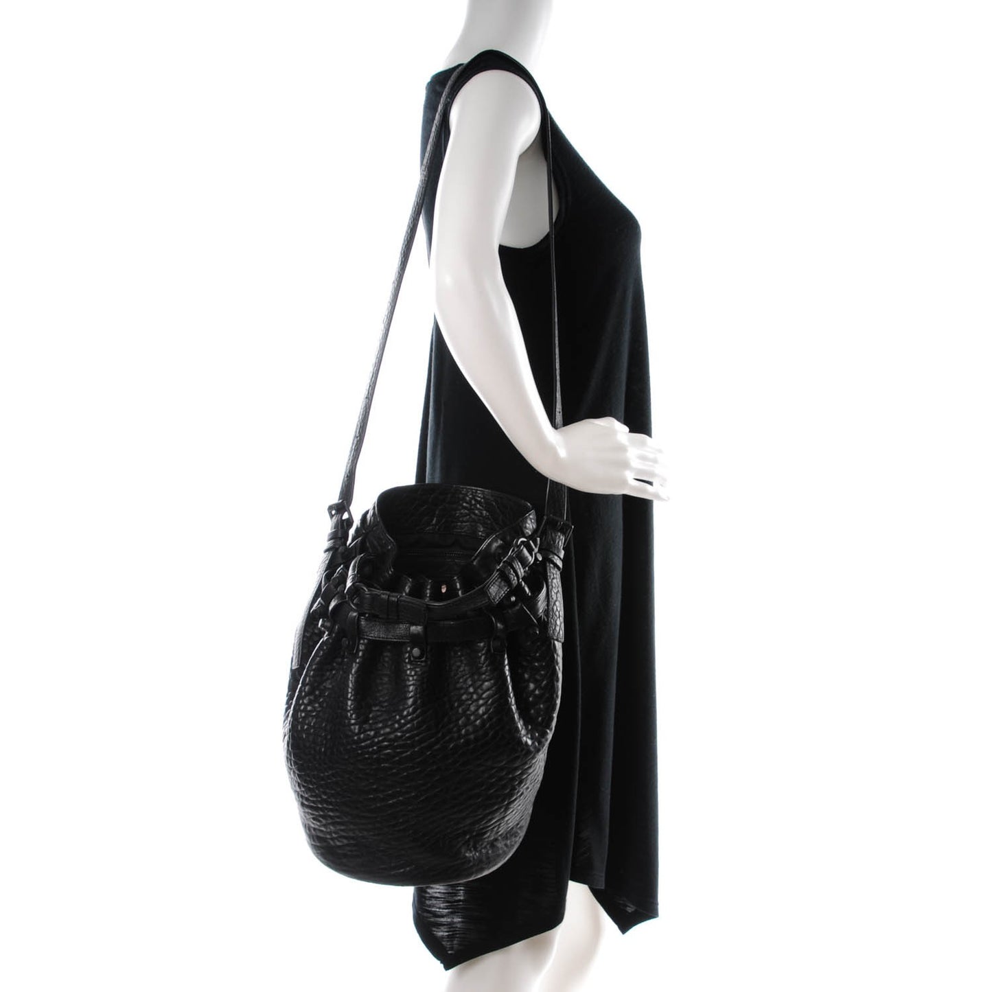 Pebbled Lambskin Diego Bucket Bag Black Black Hardware