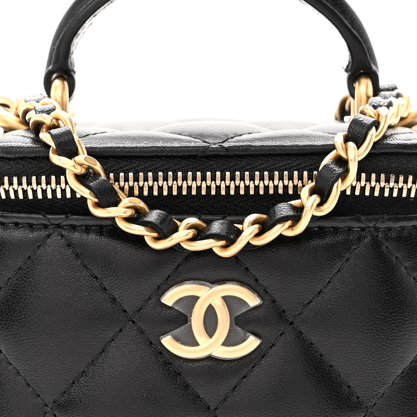 Lambskin Quilted Top Handle Mini Vanity Case With Chain Black