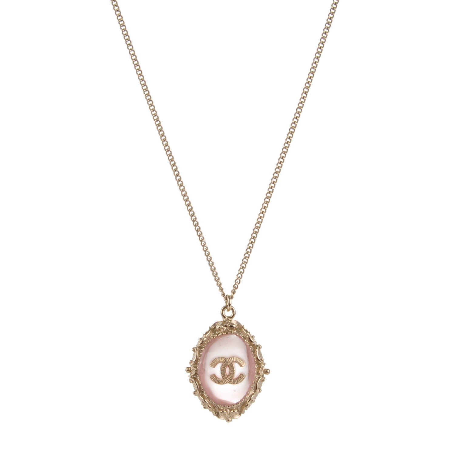 Chanel Resin CC Medallion Pendant Necklace Gold Pink 1 of 5