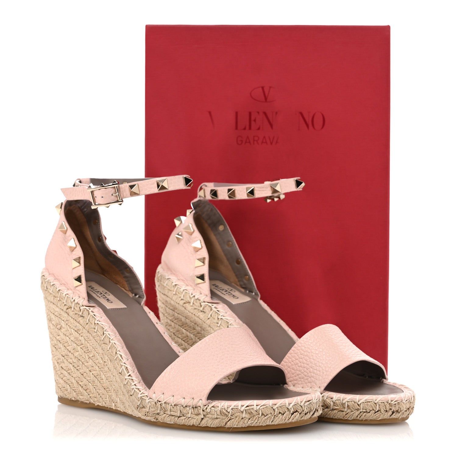 Valentino Garavani Grained Calfskin Rockstud Ankle Strap Espadrille 15/105mm Wedge Sandals 41 Rose Quartz Natural 11 of 11