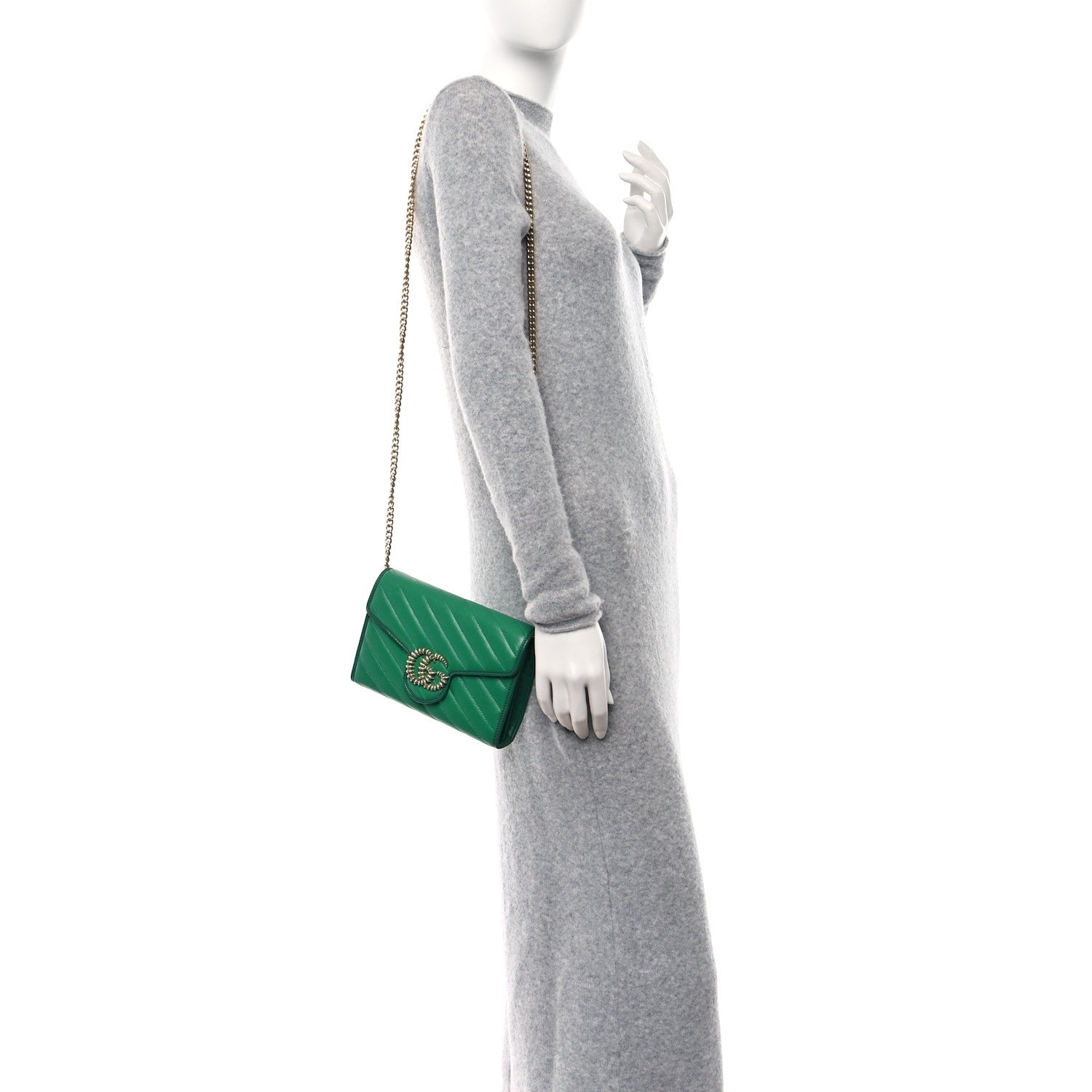 Gucci Azalea Calfskin Enamel Matelasse Diagonal Torchon GG Marmont Chain Wallet New Shamrock Emerald 2 of 11