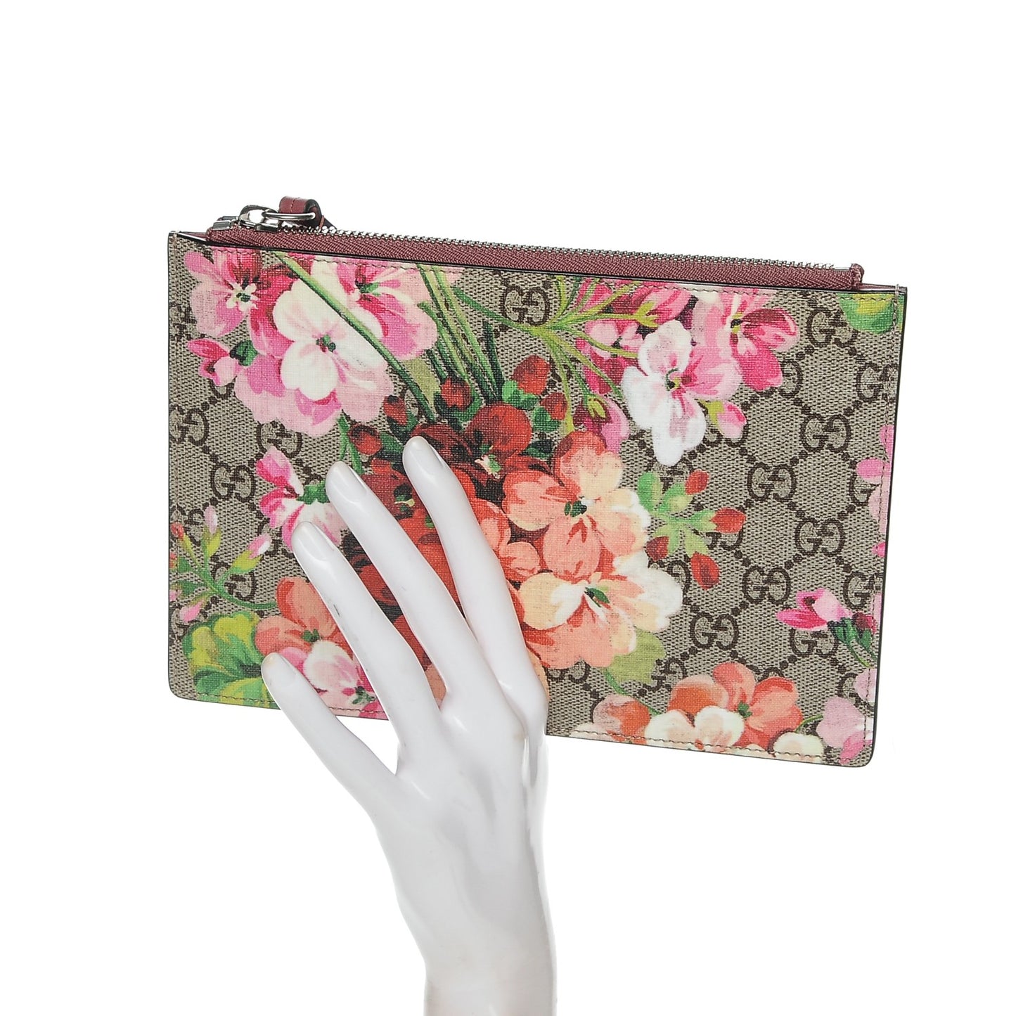 GG Supreme Monogram Blooms Small Zip Pouch Beige Multicolor Dry Rose