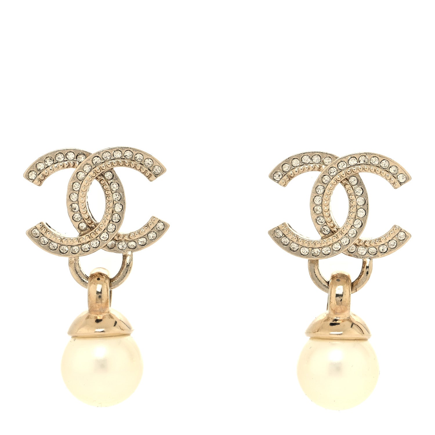 Chanel Crystal Pearl CC Drop Earrings Gold 1 of 4