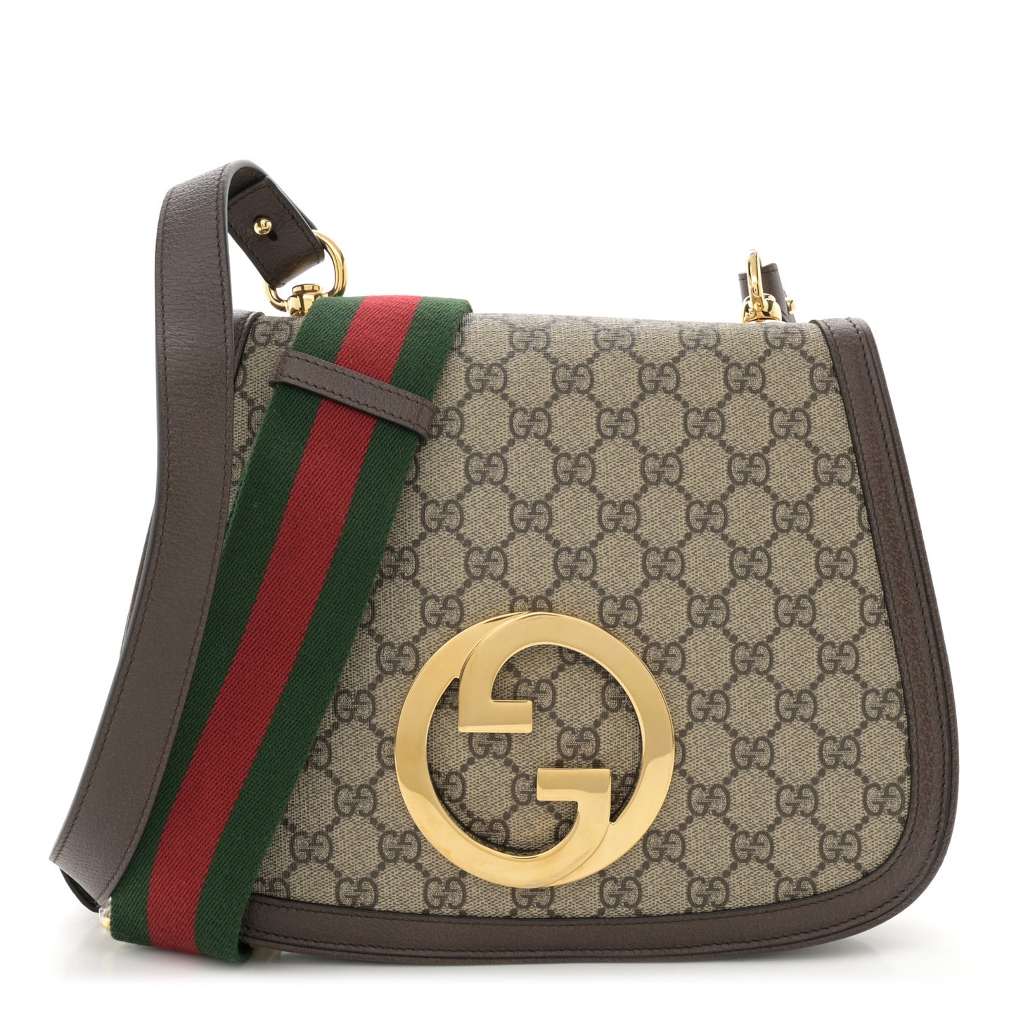GG Supreme Monogram Textured Dollar Calfskin Web Medium Blondie Top Handle Shoulder Flap Bag Beige Ebony New Acero
