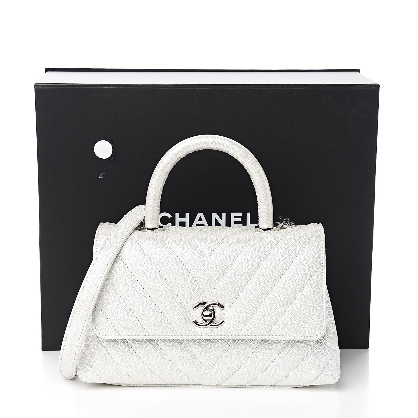 Iridescent Caviar Chevron Quilted Mini Coco Handle Flap White