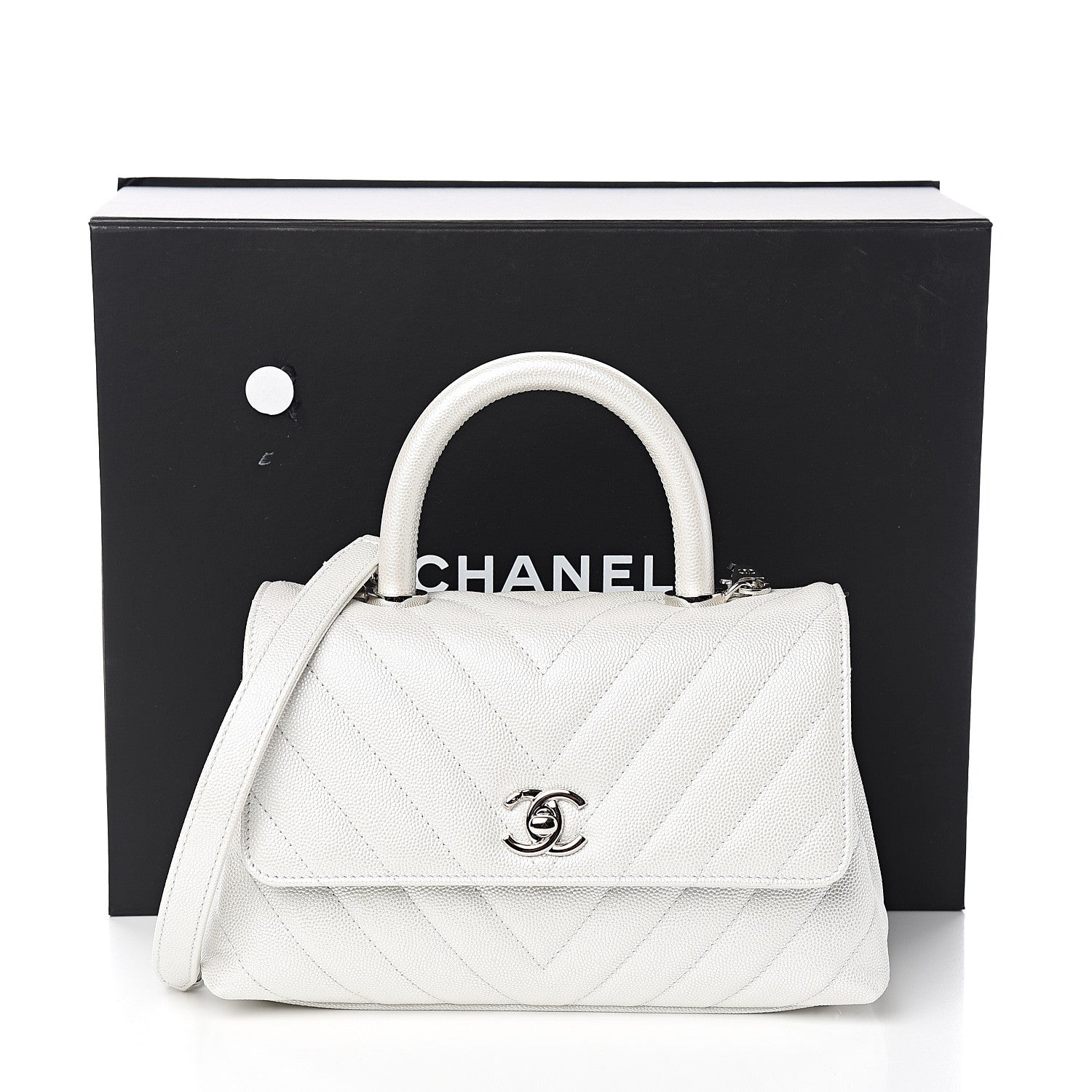 Chanel Iridescent Caviar Chevron Quilted Mini Coco Handle Flap White 10 of 10