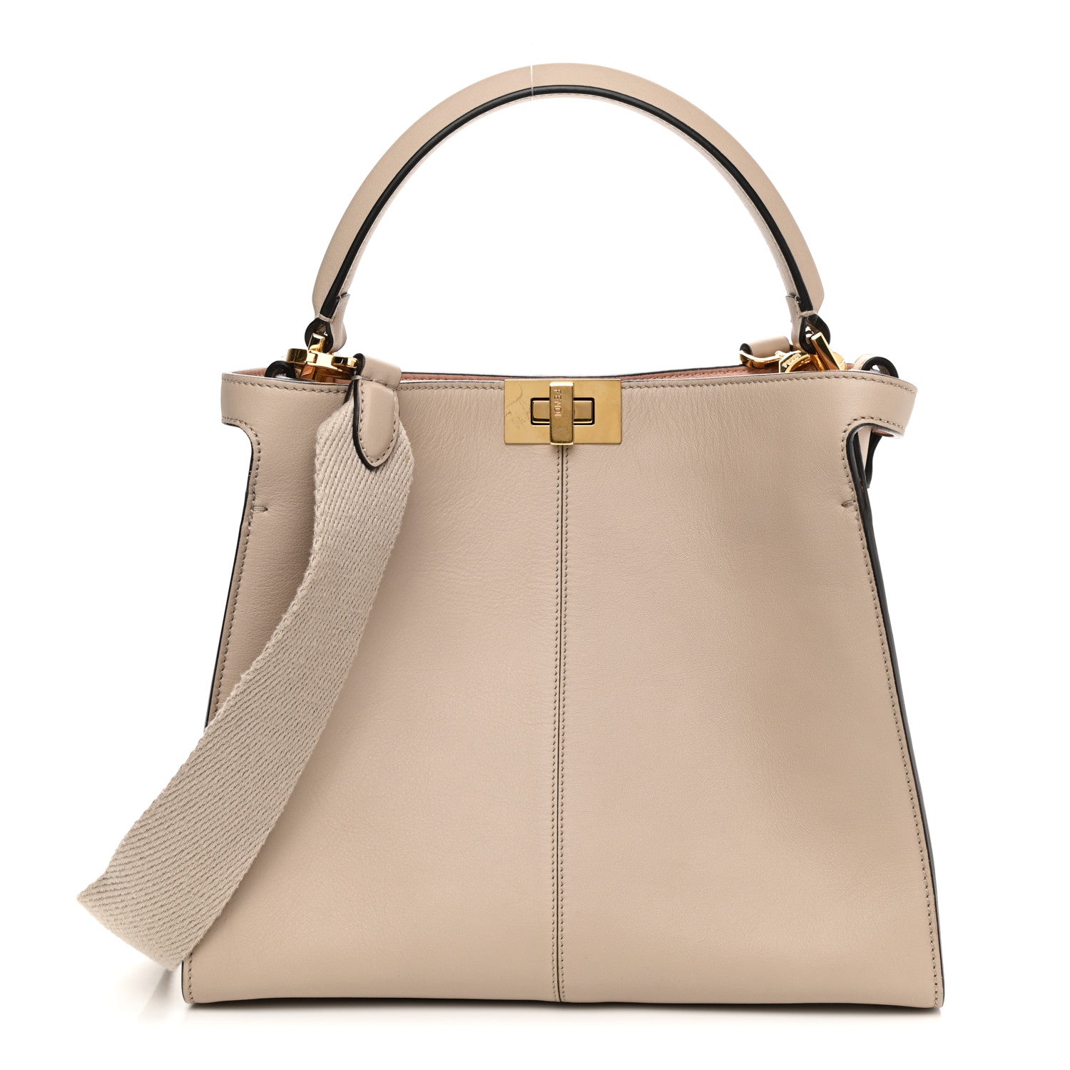Fendi Vitello Seta Glazed Fabric FF 1974 Medium Peekaboo X-Lite Nuvola Mogano Panna 1 of 13