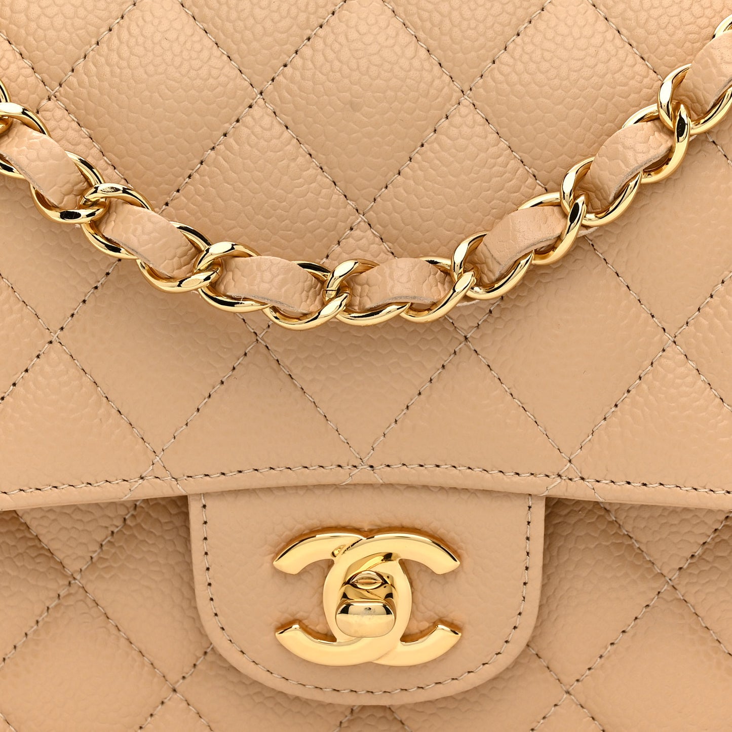 Caviar Quilted Medium Double Flap Beige