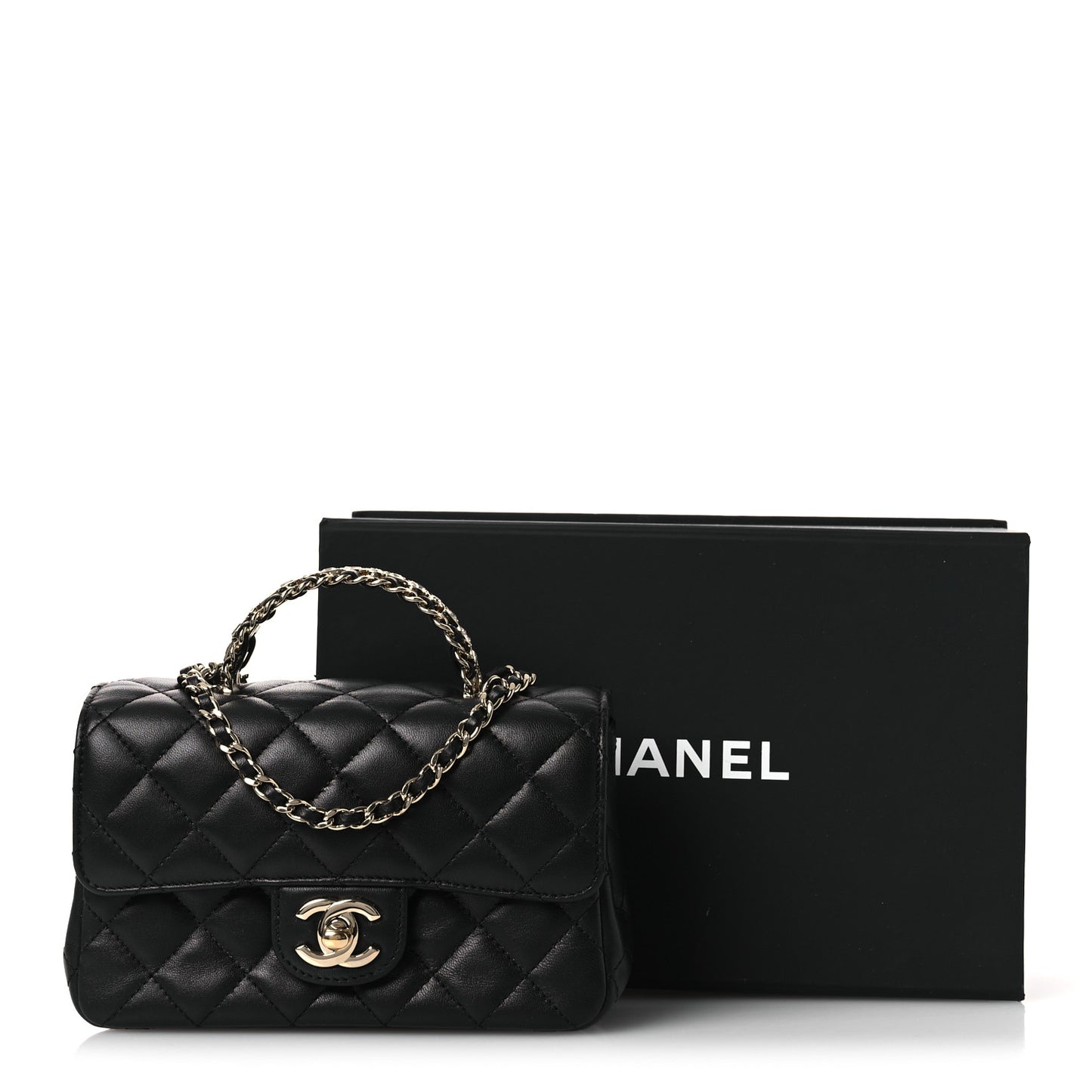 Lambskin Quilted Mini Crystal Top Handle Rectangular Flap Black
