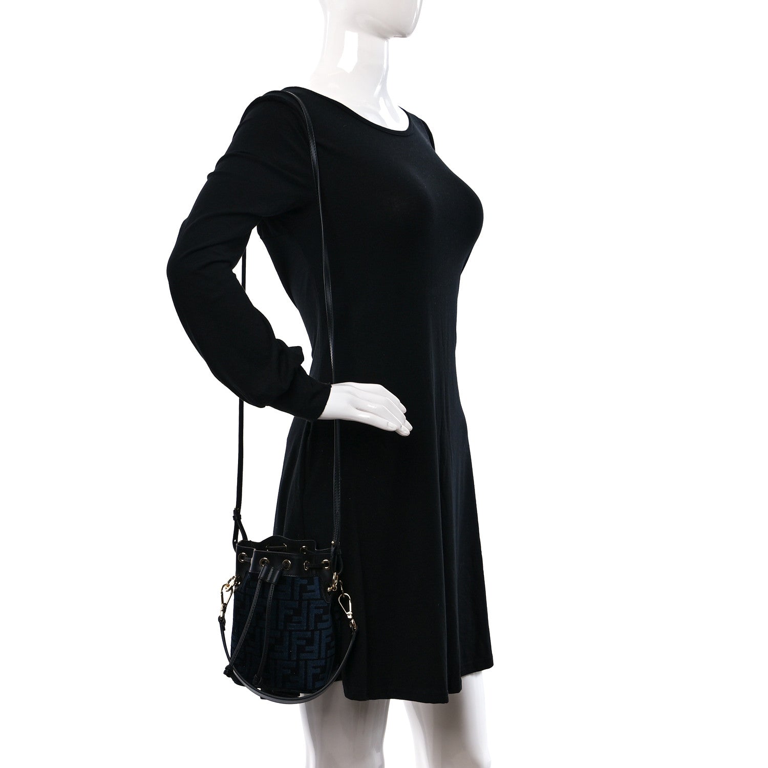 Fendi Chenille Vitello King FF Mini Mon Tresor Bucket Bag Blue Black 2 of 9