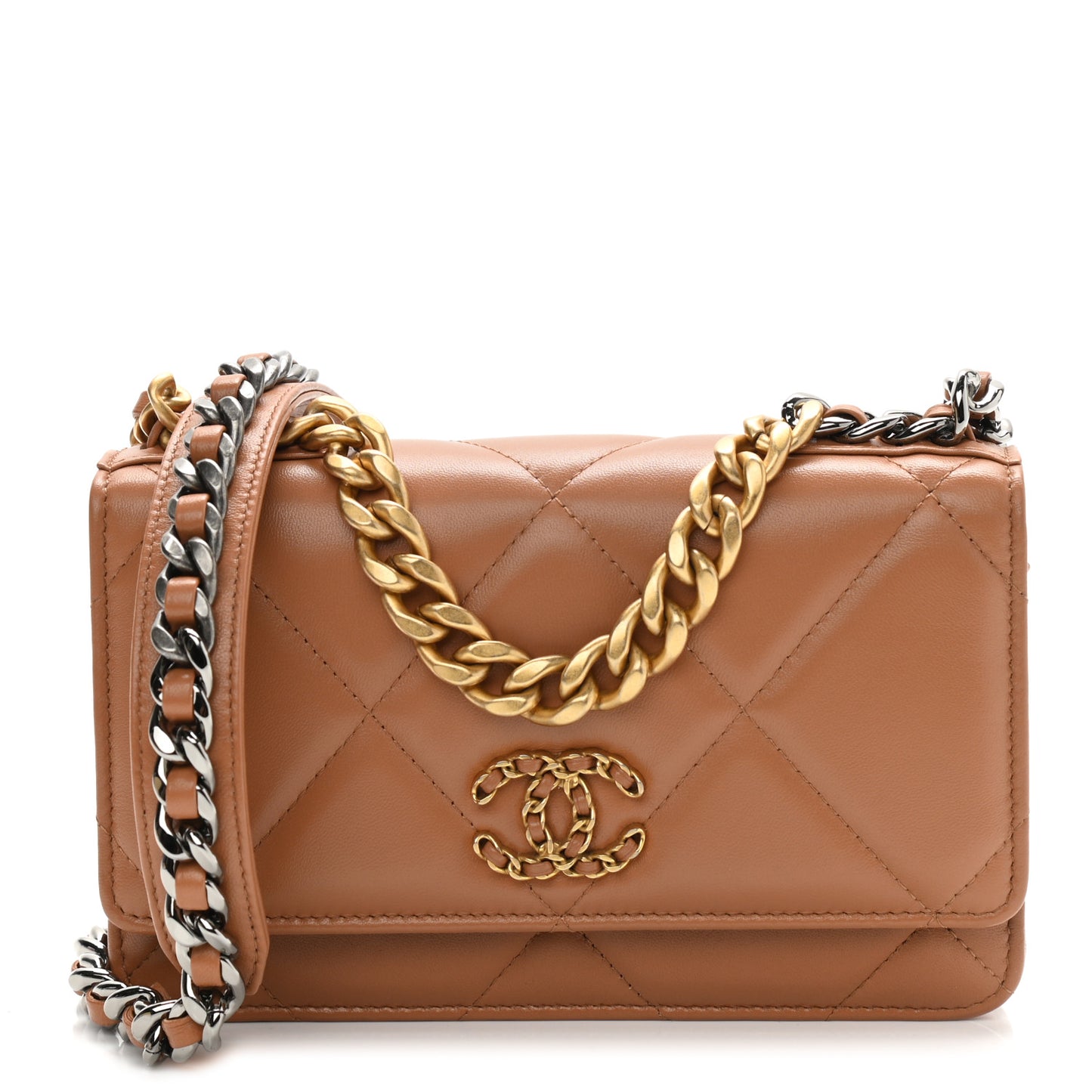 Lambskin Quilted Chanel 19 Wallet On Chain WOC Brown