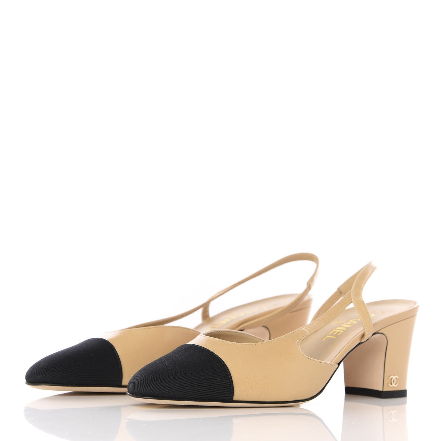 Goatskin Grosgrain Cap Toe CC Slingback Pumps 39.5 Beige Black