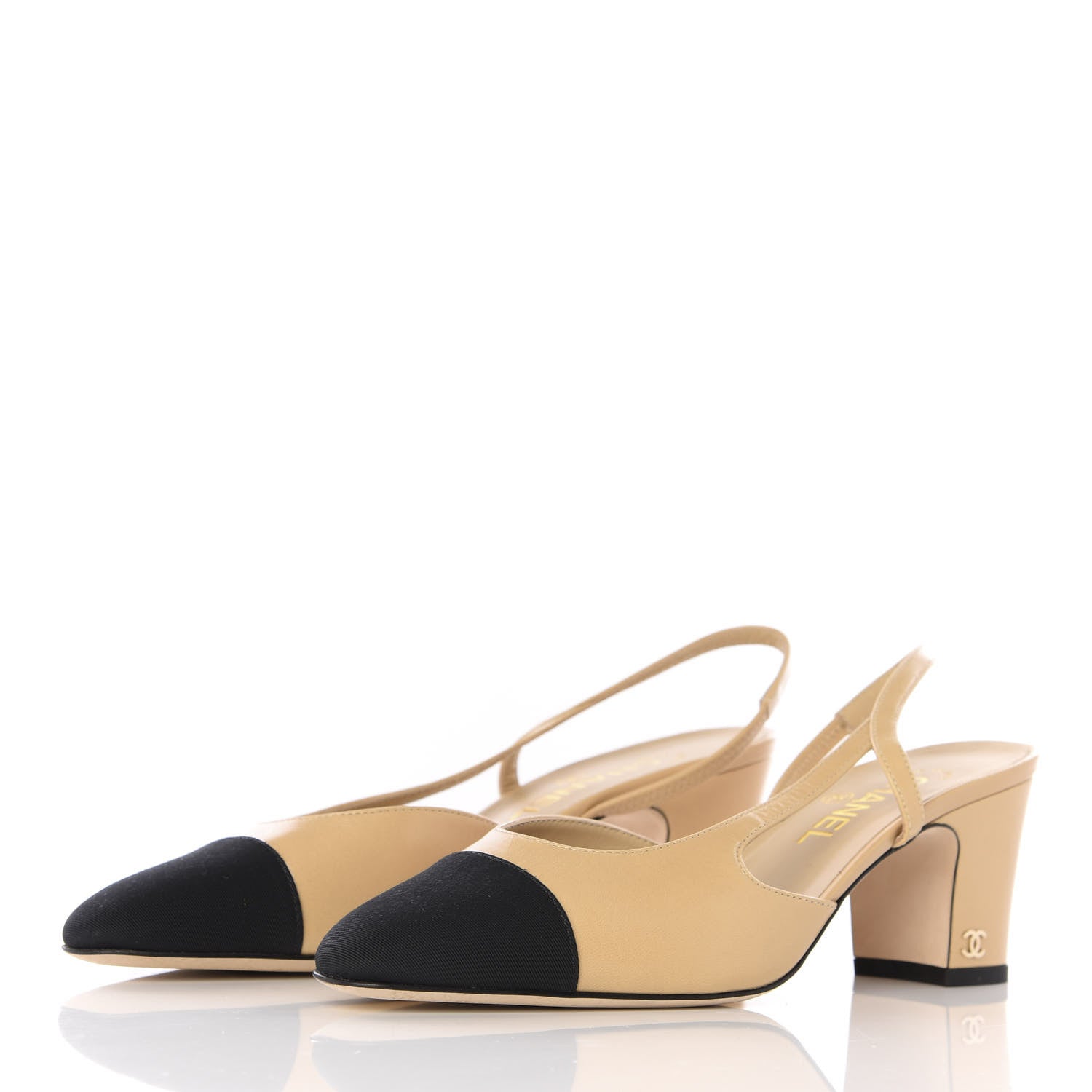 Chanel Goatskin Grosgrain Cap Toe CC Slingback Pumps 39.5 Beige Black 2 of 8