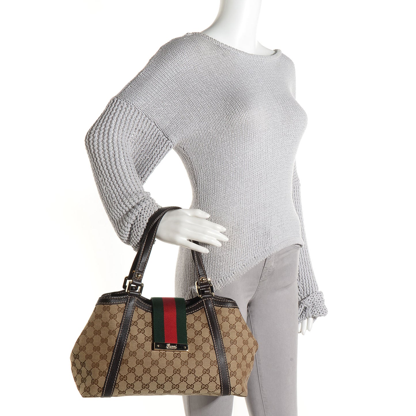 Monogram Medium New Ladies Web Tote Dark Brown