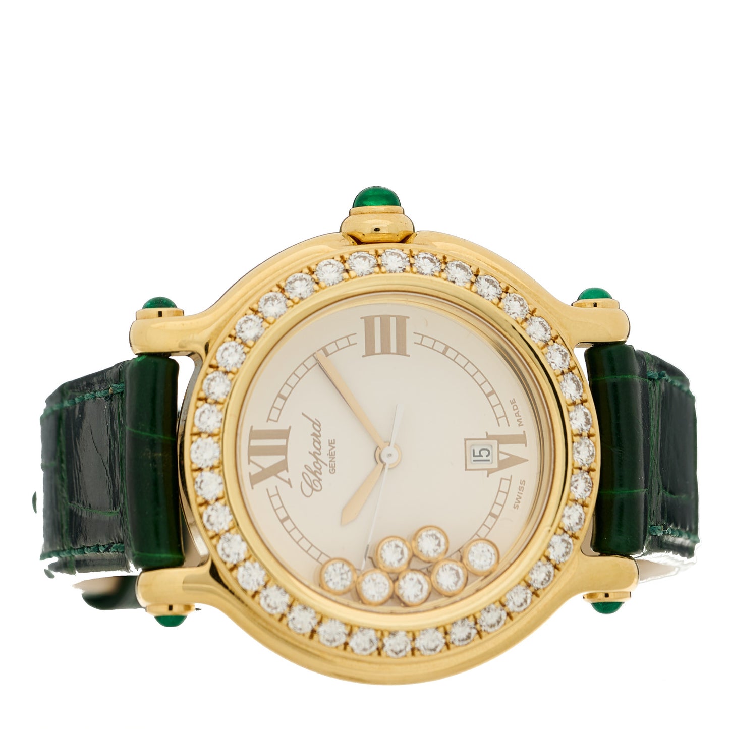 18K Yellow Gold Alligator Diamond Bezel 32mm Happy Sport Quartz Watch Green