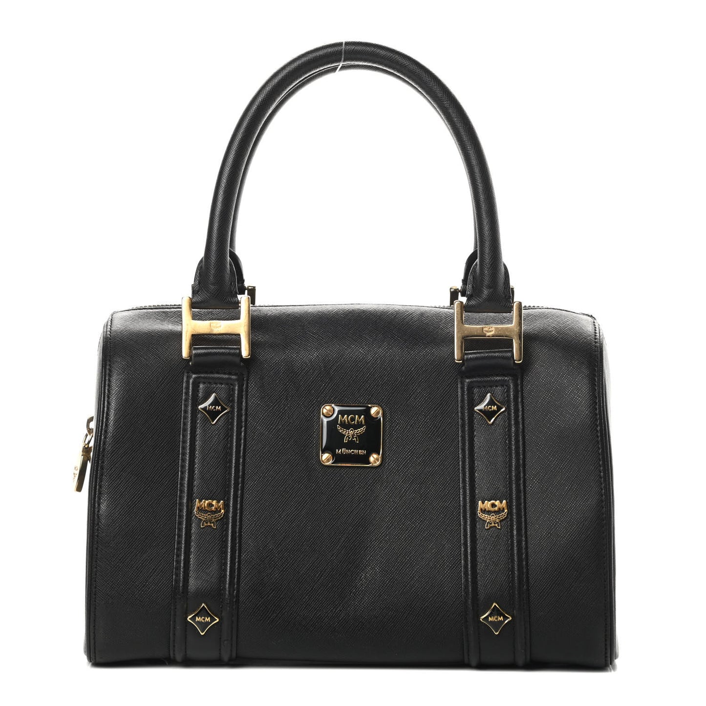 Grained Calfskin Studded Boston Bag Black