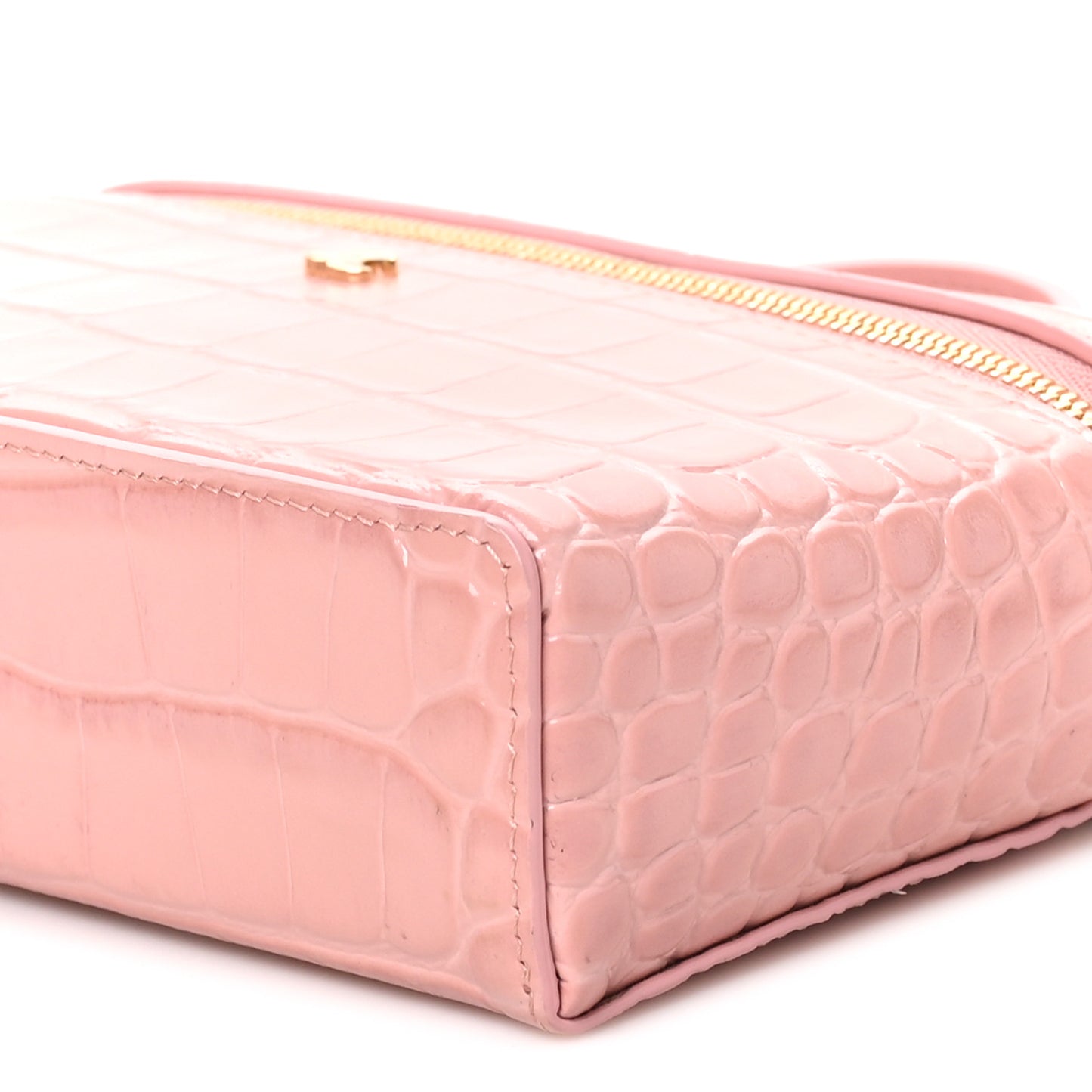 Calfskin Crocodile Embossed Crococo Top Handle Slim Vanity Case With Chain Light Pink