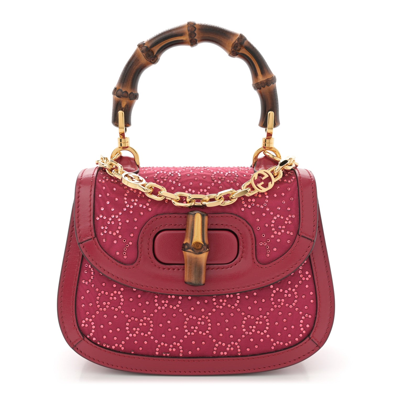 Gucci Moire Fabric Calfskin Rhinestone Monogram Monochrome Mini Bamboo 1947 Top Handle Chain Bag Dark Cherry Red 1 of 10