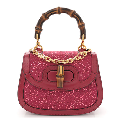 Gucci Moire Fabric Calfskin Rhinestone Monogram Monochrome Mini Bamboo 1947 Top Handle Chain Bag Dark Cherry Red 1 of 10