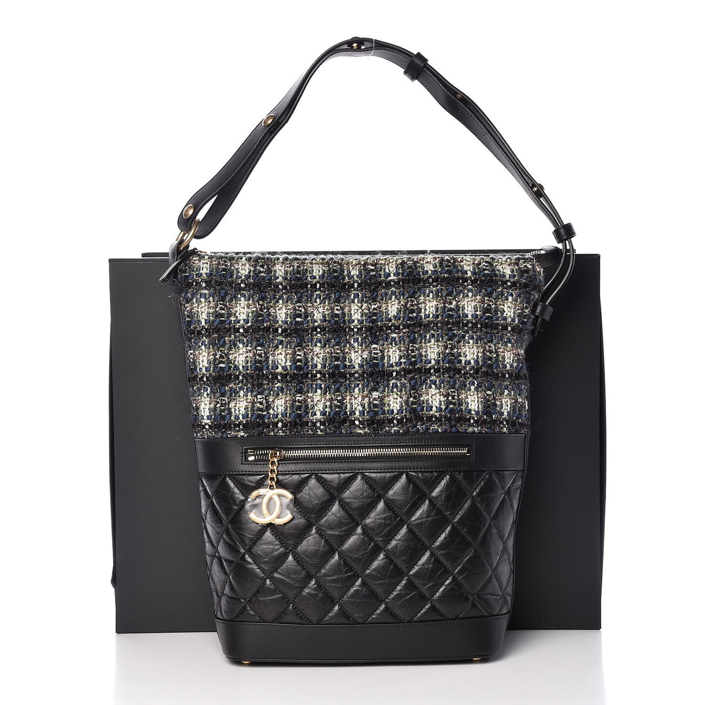 Tweed Aged Calfskin Quilted Casual Style Hobo Black