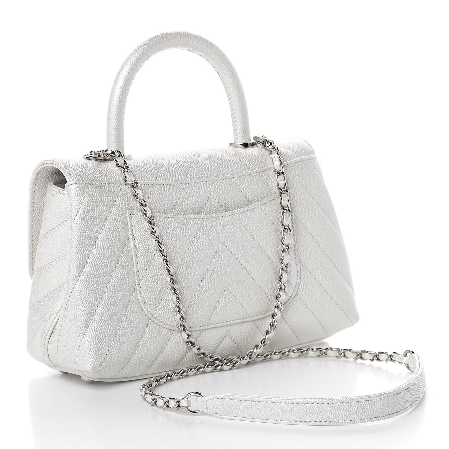 Iridescent Caviar Chevron Quilted Mini Coco Handle Flap White