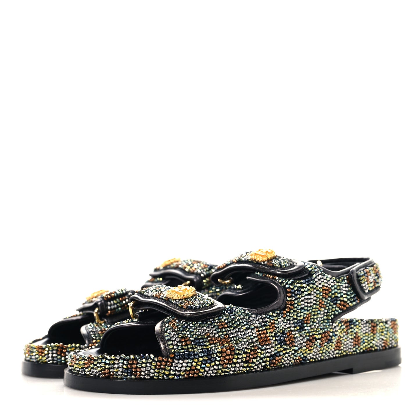 Grained Calfskin Crystal Velcro Dad Sandals 36.5 Black Multicolor