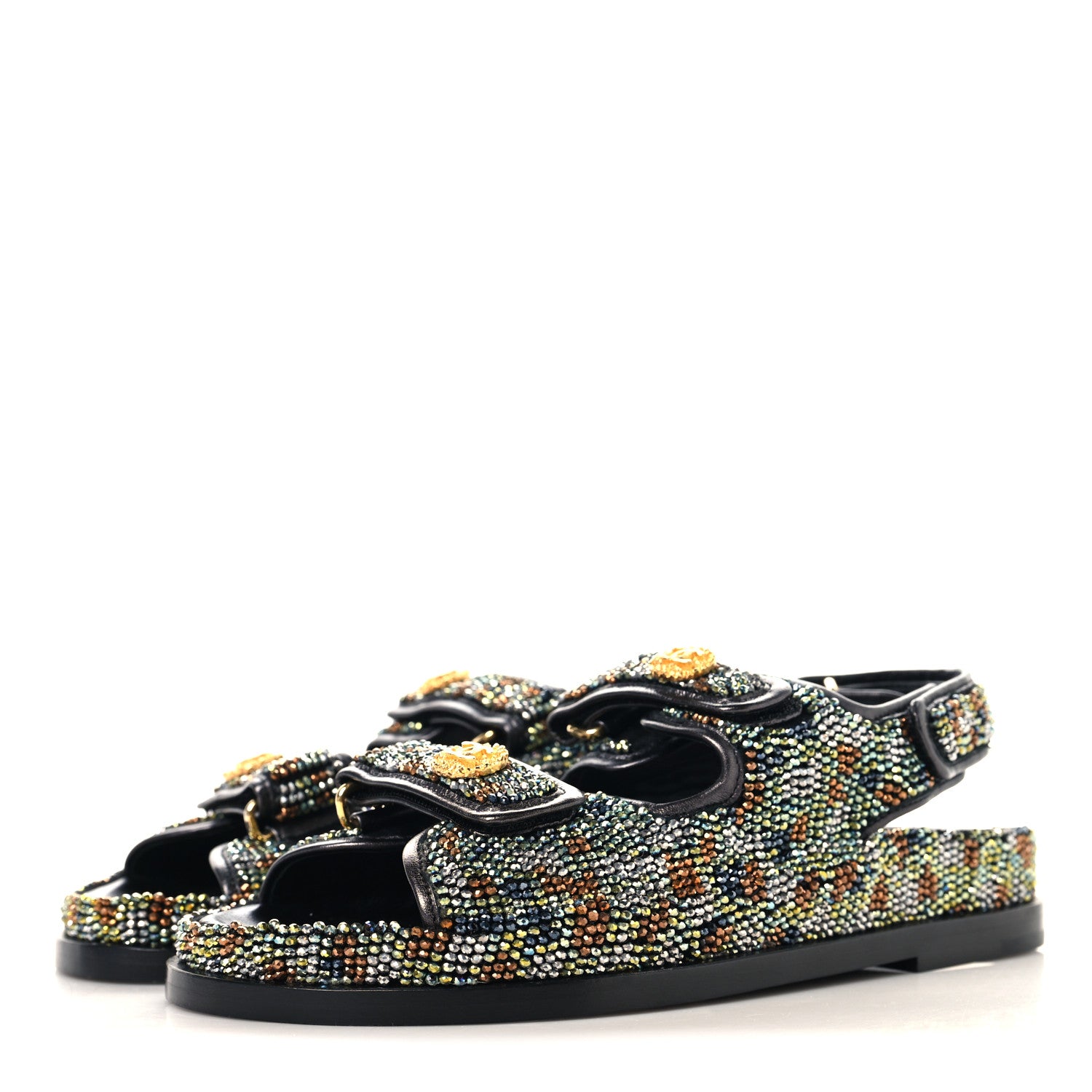 Chanel Grained Calfskin Crystal Velcro Dad Sandals 36.5 Black Multicolor 4 of 11