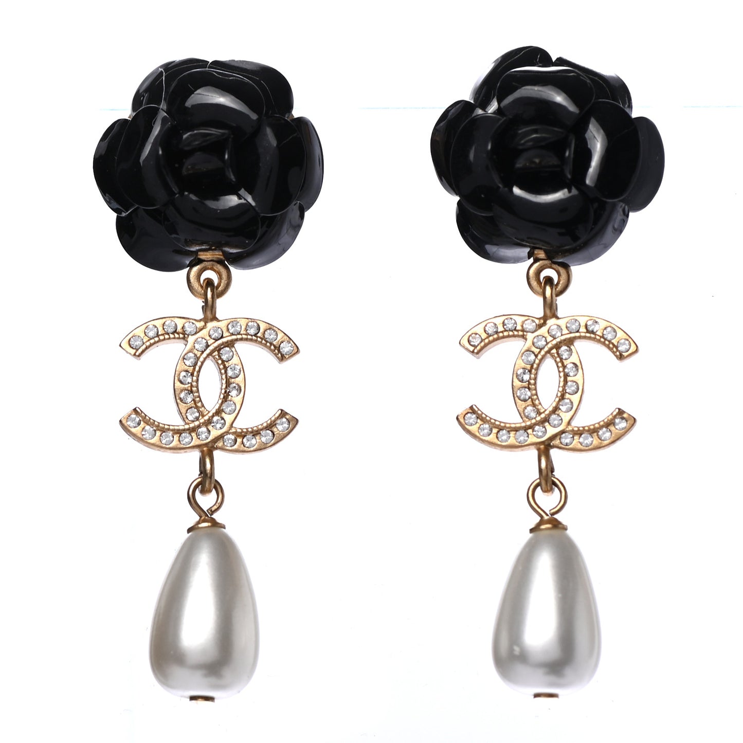 Enamel Crystal Pearl CC Camellia Drop Earrings Black Gold