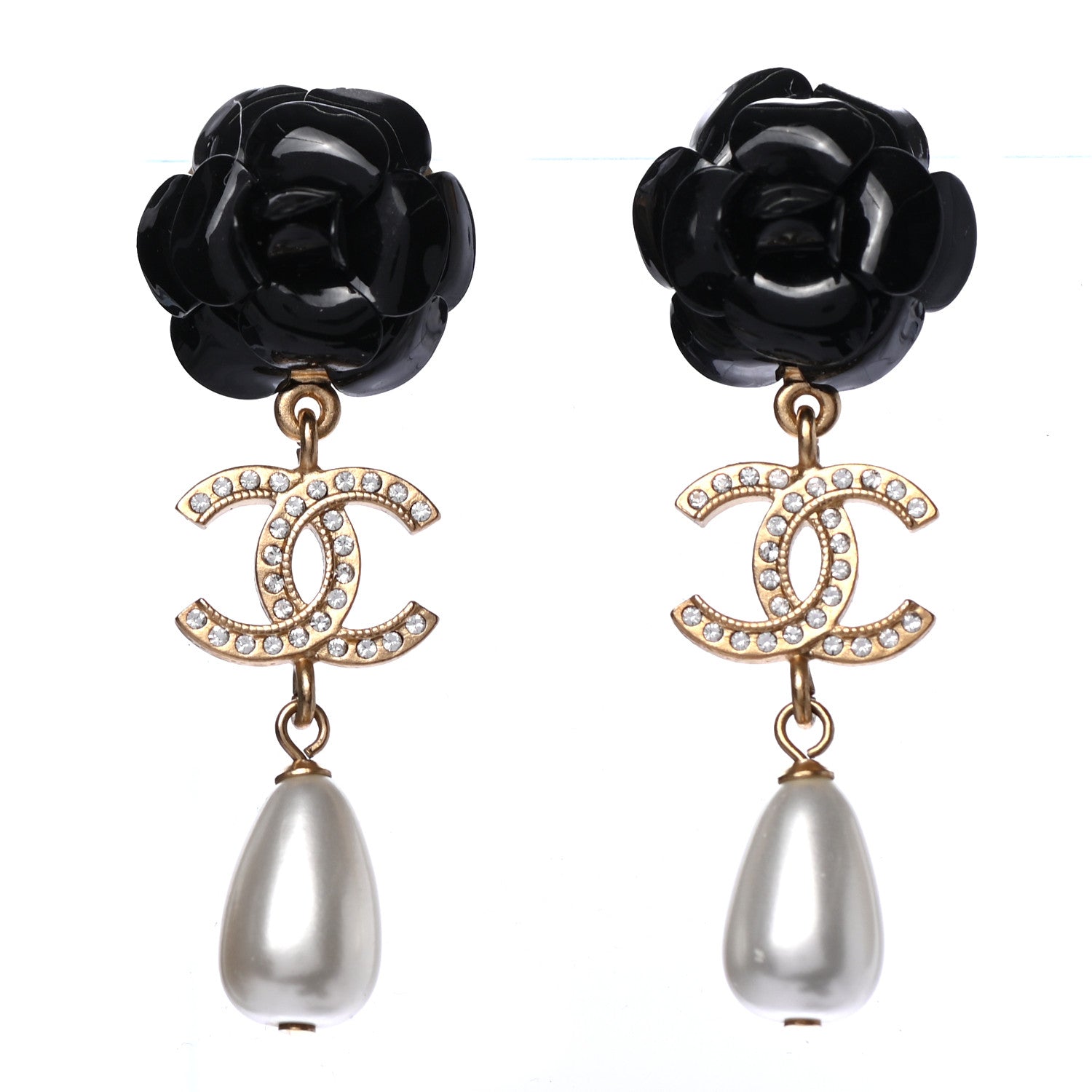 Chanel Enamel Crystal Pearl CC Camellia Drop Earrings Black Gold 1 of 4