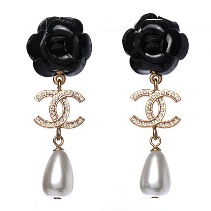 Chanel Enamel Crystal Pearl CC Camellia Drop Earrings Black Gold 1 of 4