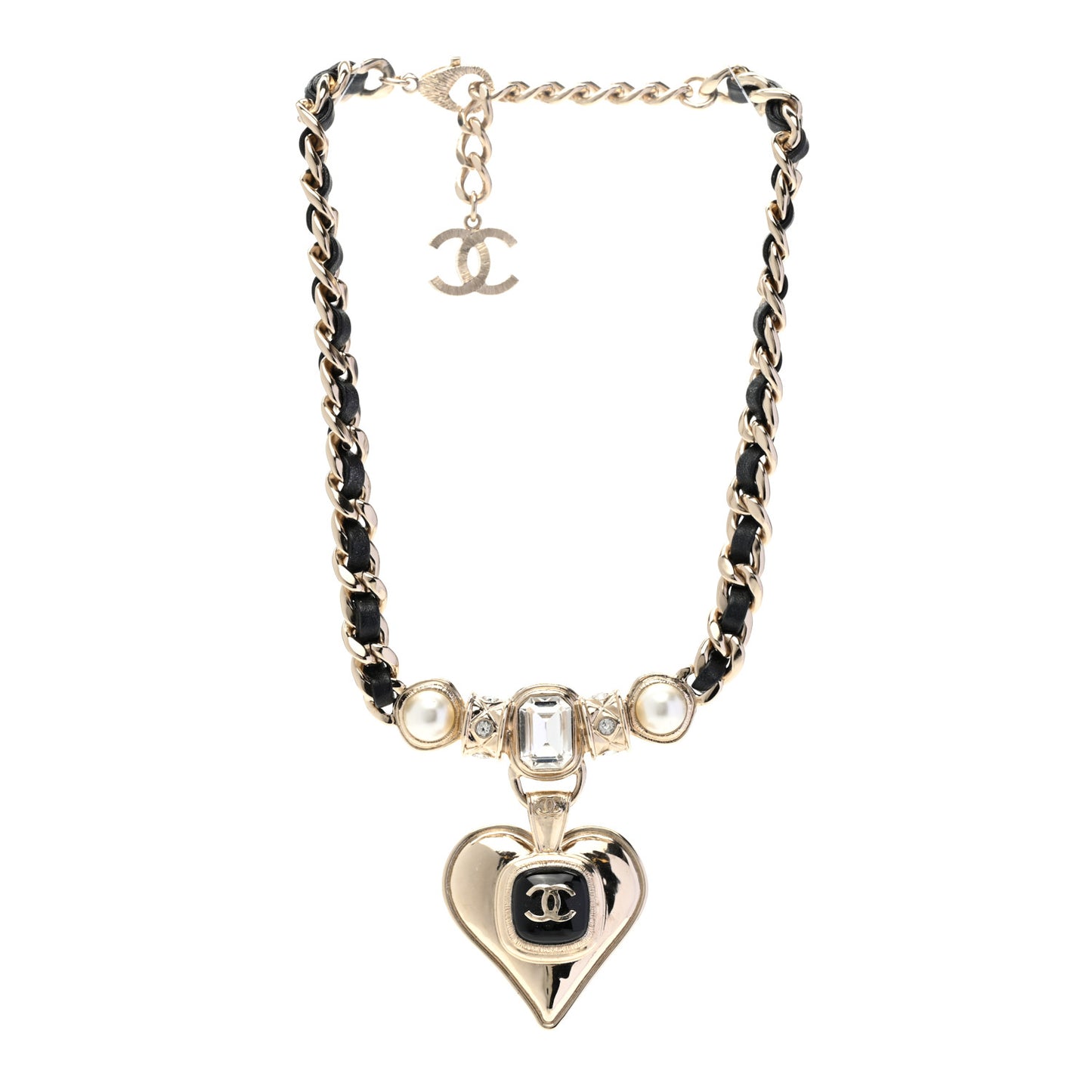 Lambskin Crystal Pearl CC Heart Choker Gold Black