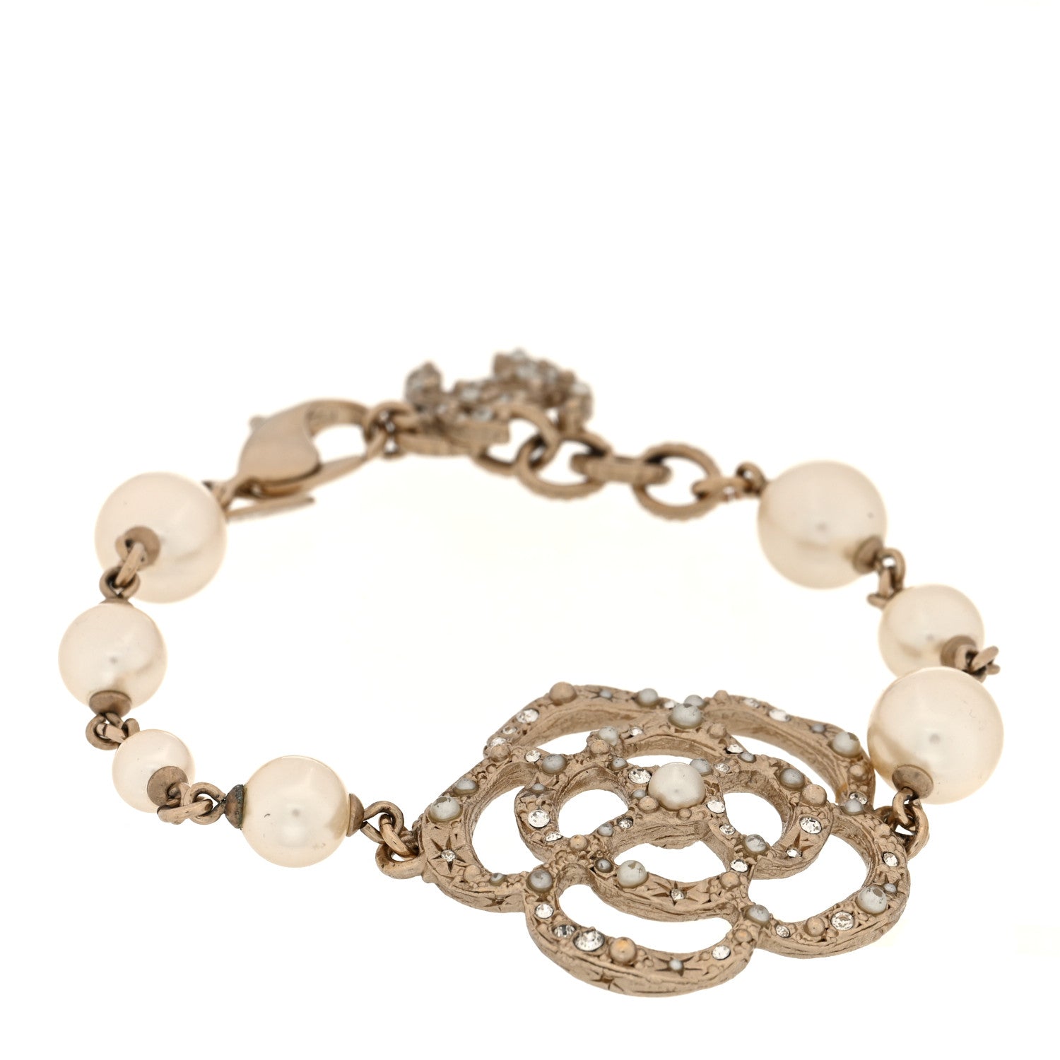 Chanel Swarovski Crystal Pearl Camellia CC Bracelet Gold 1 of 5