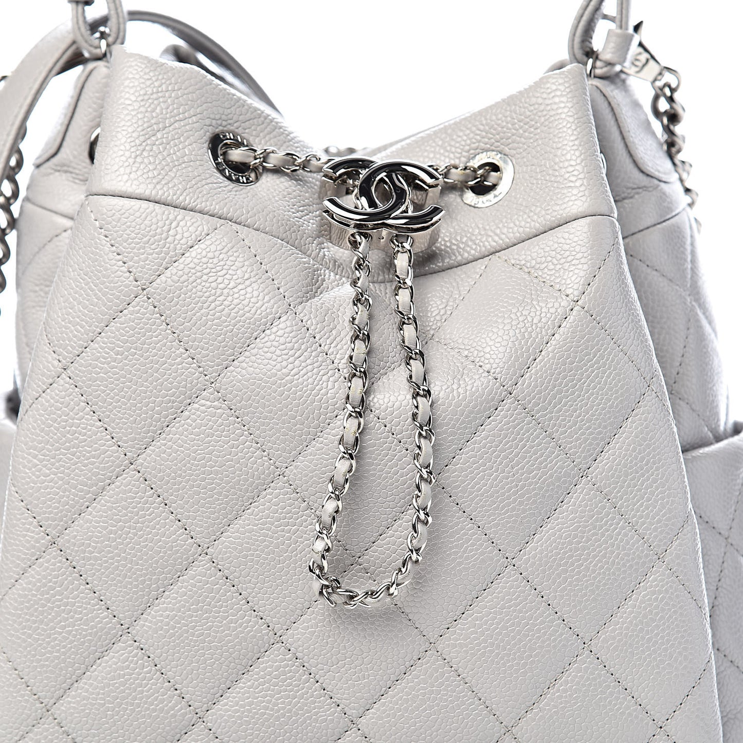Grained Calfskin Quilted Medium CC Chain Bucket Drawstring Bag Light Grey