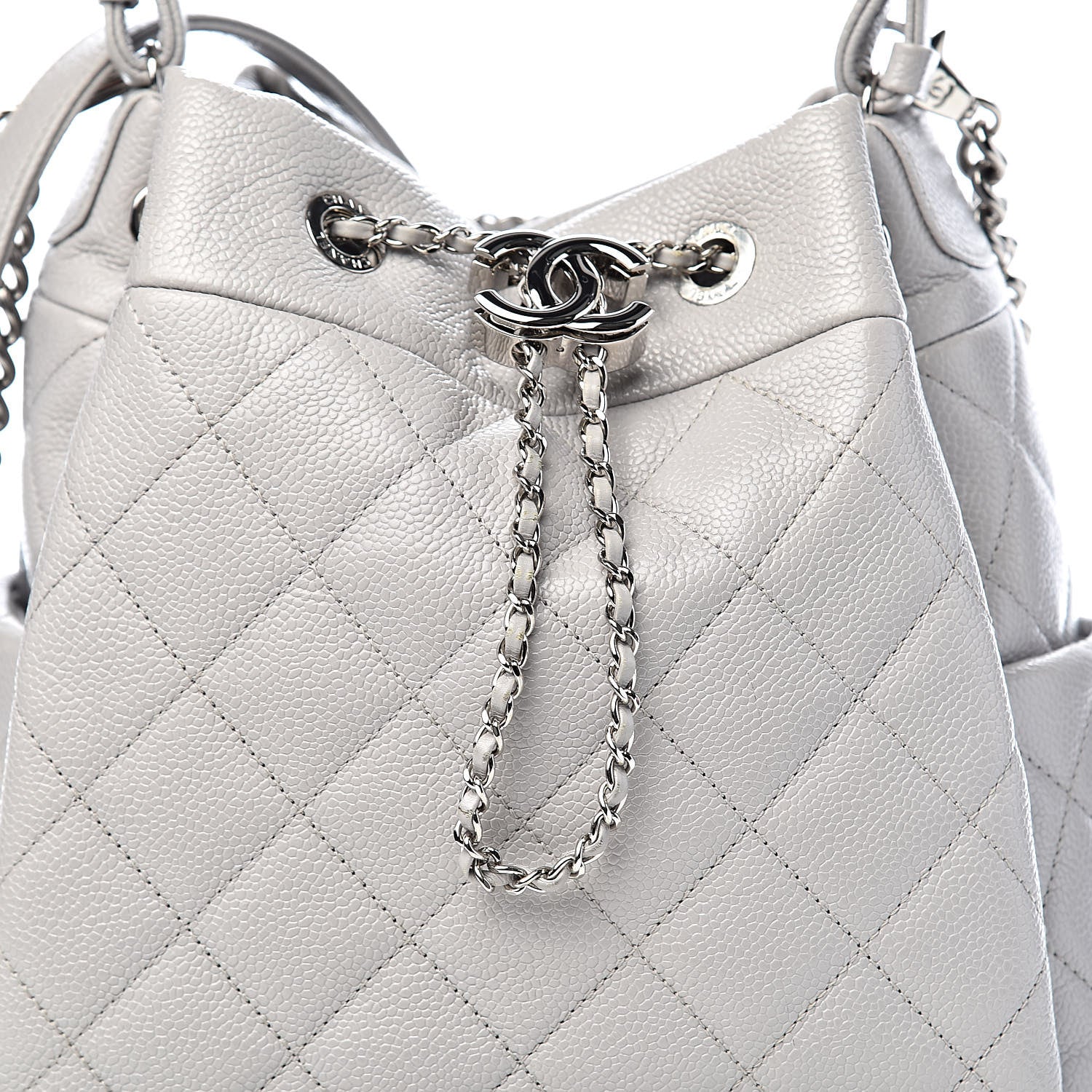 Chanel Grained Calfskin Quilted Medium CC Chain Bucket Drawstring Bag Light Grey 14 of 15