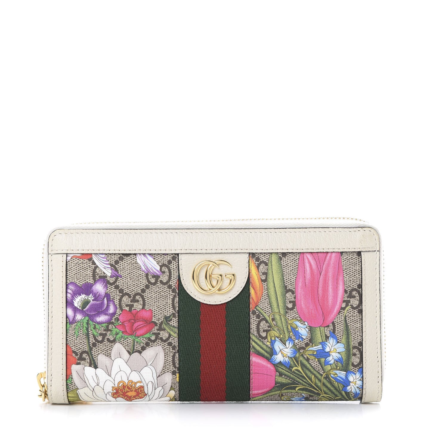 GG Supreme Monogram Flora Ophidia Zip Around Wallet White